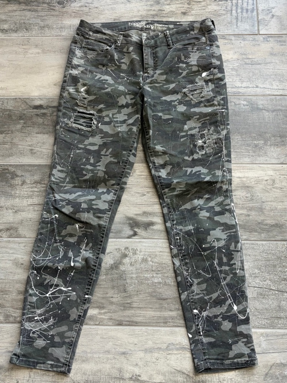 hippie laundry Gray Camo Skinny Jeans with White Paint Splatter